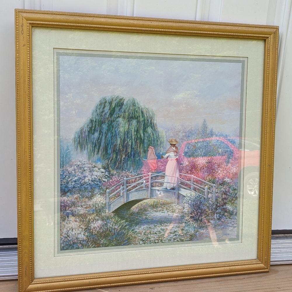 VINTAGE MATTED "WOMEN ON BRIDGE" FINE ART PRINT HOME INTERIORS BY JOE SAMBATARO